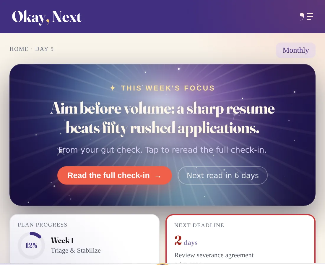 The dashboard: the week's focus on the starfield hero, plan progress, next deadline, runway, and applications