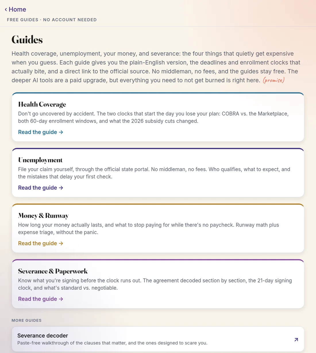 The guides index: health coverage, unemployment, money and runway, and severance and paperwork