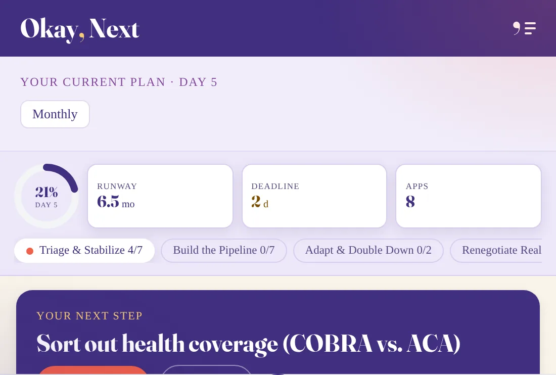 The plan screen: day-5 progress ring, your next step up top, then the rest of the first 7 days with its deadlines stacked
